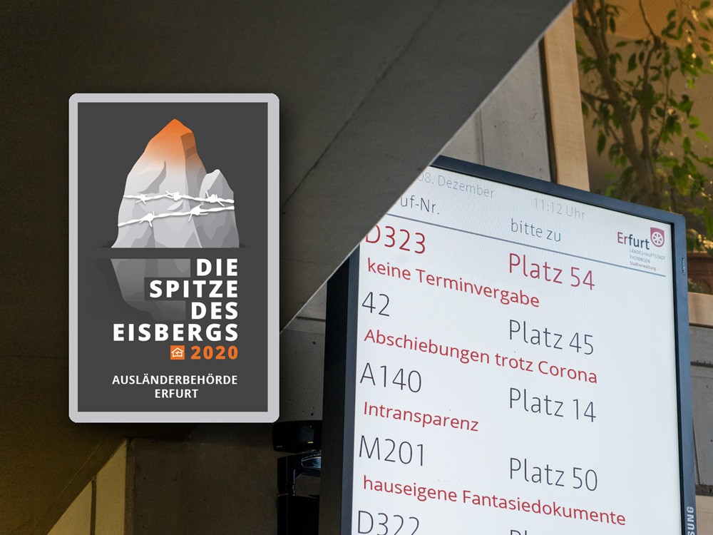Anlässlich des Tages der Menschenrechte verleiht der Flüchtlingsrat Thüringen e.V. die diesjährige „Spitze des Eisbergs“ an die Ausländerbehörde Erfurt.
