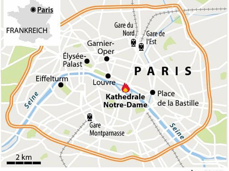 Lage der Kathedrale Notre-Dame in Paris.