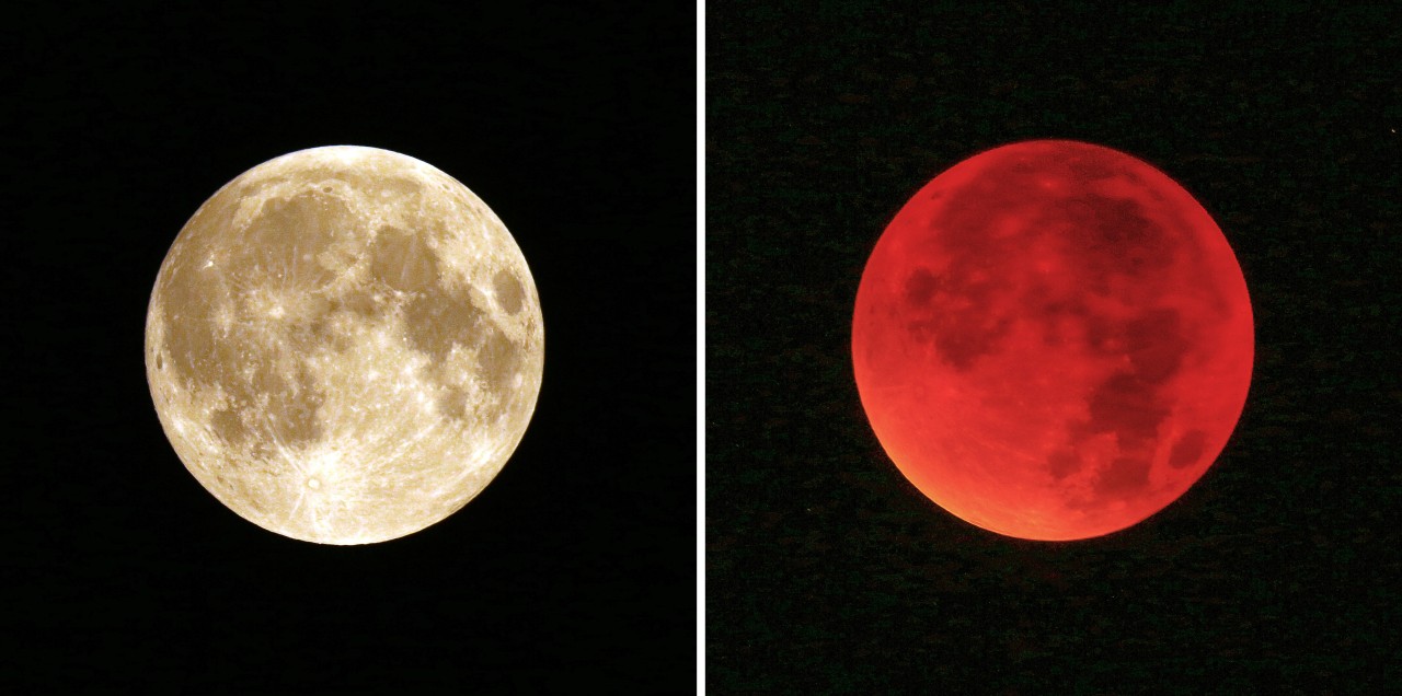 Das Bild links zeigt den normalen Mond, rechts den rot erleuchteten Blutmond. 