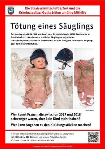 Mit diesem Fahndungsplakat erhofft sich die Polizei nun den entscheidenden Hinweis auf die Identität des Babys oder der Kindesmutter.