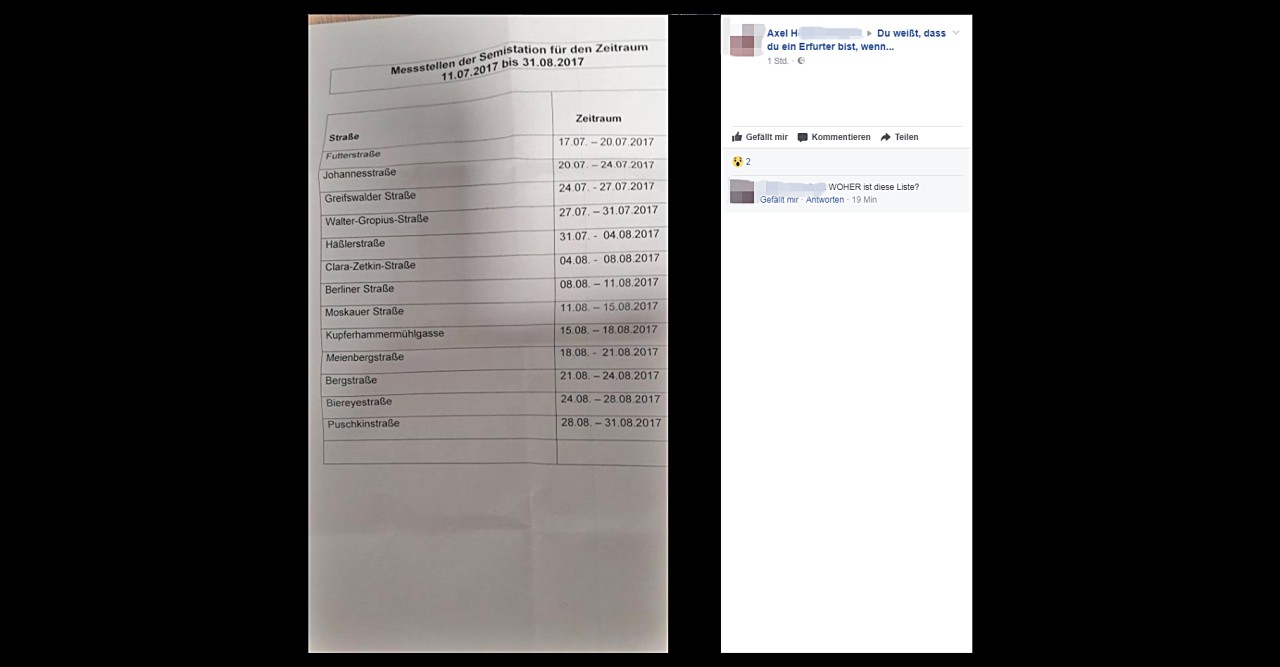 Am Mittwoch, dem 19. Juli 2017, ist auf Facebook ein Foto aufgetaucht, das die Stationen des neuen mobilen Blitzers „TraffiStar S350“ zeigt, der seit Anfang Juli in Erfurt getestet wird. Wie die Liste an die Öffentlichkeit gelangen konnte, ist derzeit nicht geklärt.