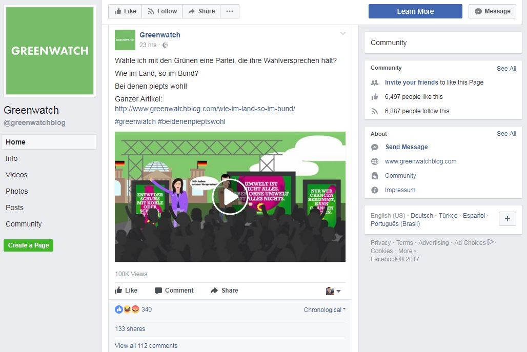 Ein Screenshot der Facebook-Seite von Greenwatch am 23. August 2017. Zu sehen ist ein animiertes Video. Damals hatte die Seite nur rund 6400 Likes. Inzwischen sind es mehr als 13.000.