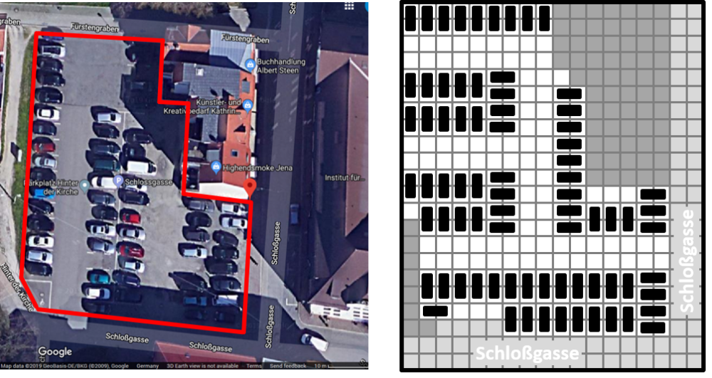 Der Parkplatz Schlossgasse in Jena aktuell (links) und im vom Algorithmus neu berechneten Layout (rechts).