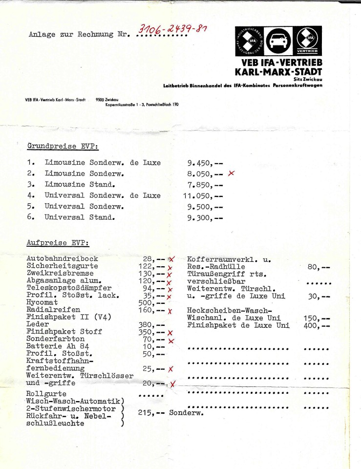 Sicherheitsgurte kosten extra: 122 Mark wurden als Aufpreis auf dieser Rechnung für einen Trabant ausgewiesen.