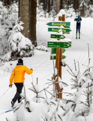 Skifahrer laufen in der gespurten Loipe am Rennsteig bei Frauenwald. (Archivbild)