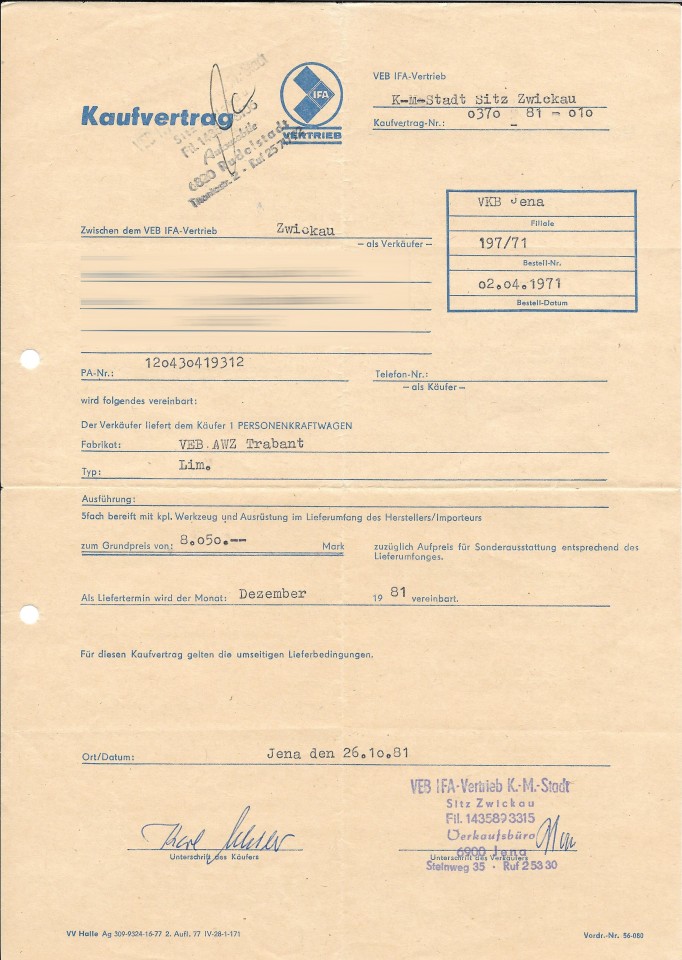 1971 bestellt, zehn Jahre später bekommen: Mit diesem Kaufvertrag ging 1981 ein Trabant für 8050 Mark an seinen Besitzer in Jena.