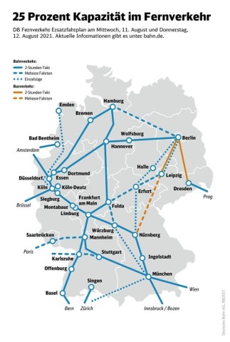 Im Ersatzfahrplan der Bahn sind auf der Strecke Nürnberg – Erfurt – Berlin nur einzelne Fahrten vorgesehen.