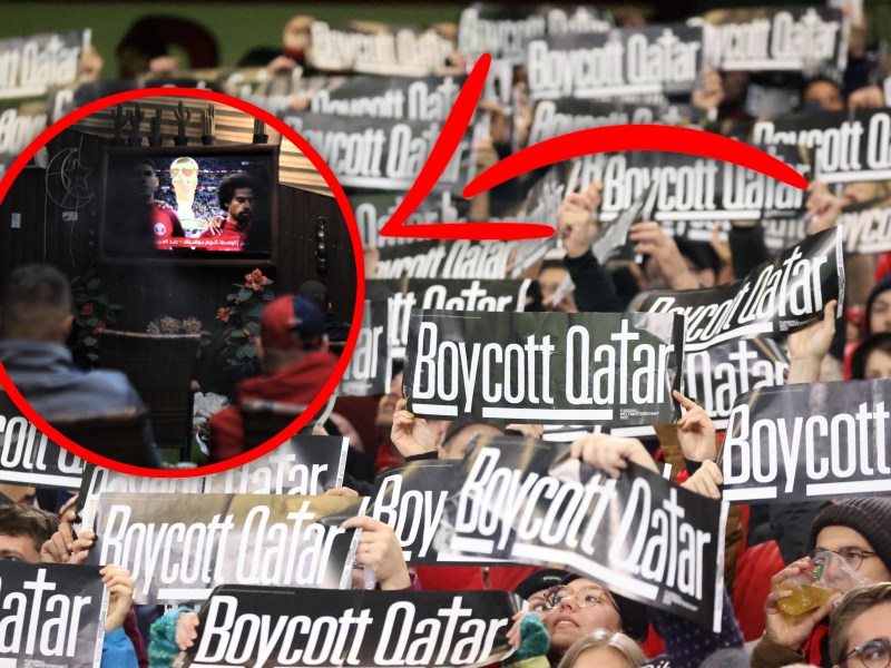 Fans fordern den Boykott der WM in Katar im Stadion.