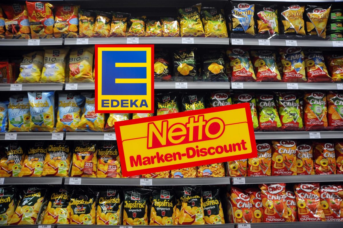 Edeka- und Netto-Logo vor Chipsregal