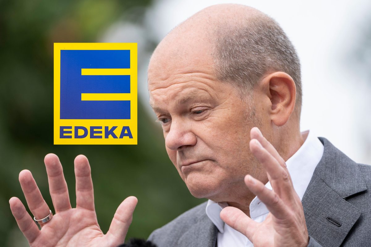 Edeka-Logo und Bundeskanzler Olaf Scholz