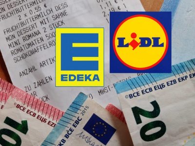 20- und 10-Euro-Scheine, Kassenbon, Edeka- und Lidl-Logo
