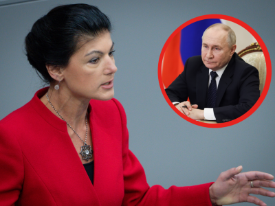 Sahra Wagenknecht in einer Bildmontage mit Wladimir Putin.